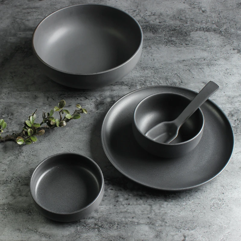 Ceramic Tableware Plate Set Matte Dark Gray Flat Plate Household Steak Plate Nordic Pasta Plate Bowl Plate Platos De Cerámica