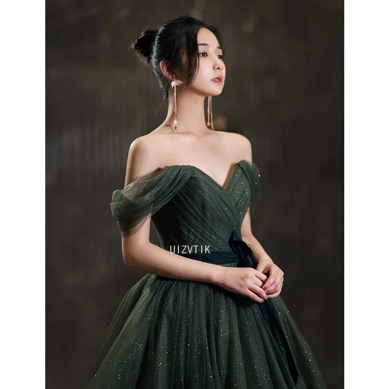 Dark Green Shiny Formal Dresses V Neck Off The Shoulder Party Dress For Wedding A Line Special Occasion Dresses robe soirée
