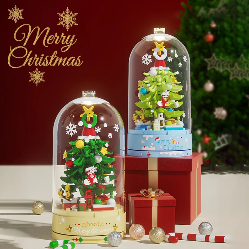 

City Merry Christmas Rotate Music Box MOC Building Blocks Creative Christmas Tree Star Socks DIY Bricks Toys For Kids Xmas Gifts