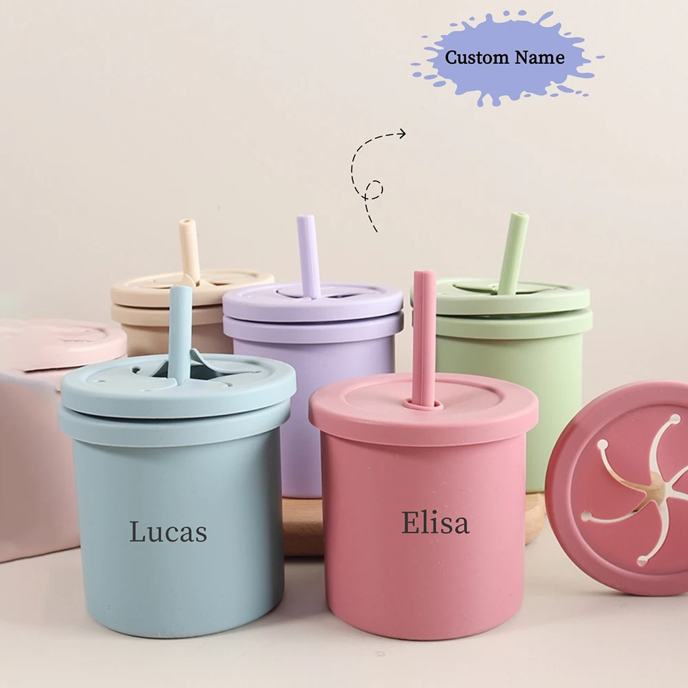 

Силиконовая детская чашка 3-в-1 с индивидуальным именем — чашка-непроливайка, чашка для закусок и соломенная чашка-тренажер