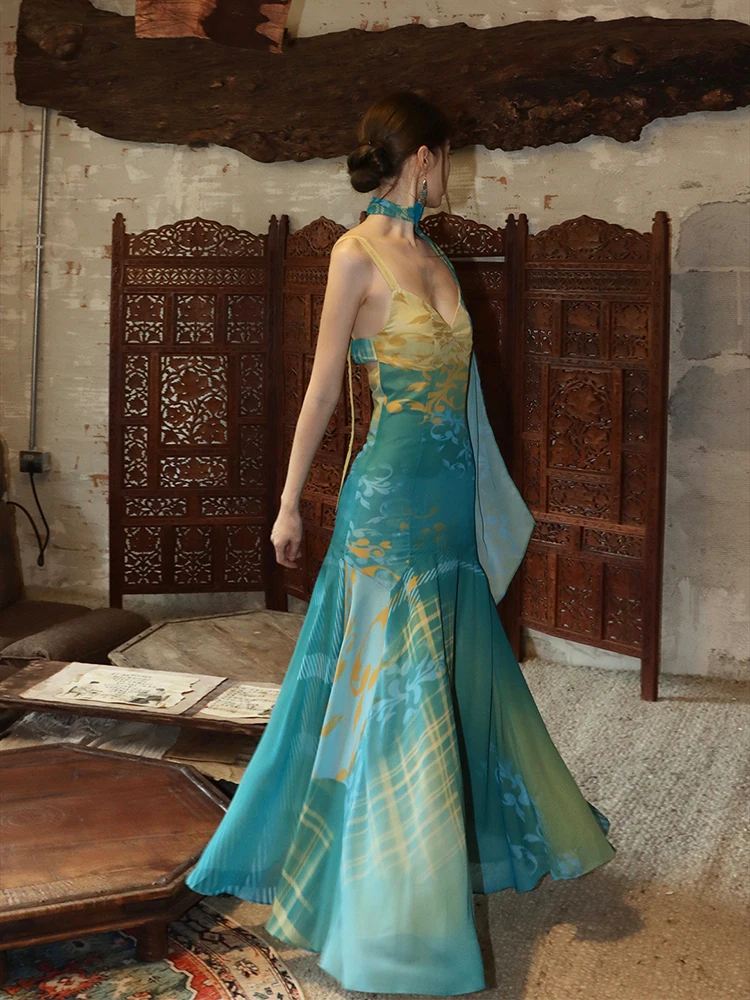 

Летнее ретро синее платье с v-образным вырезом и принтом, элегантное длинное платье-комбинация с открытой спиной, женское сексуальное клубное плиссированное вечернее платье без рукавов для отпуска, богемное