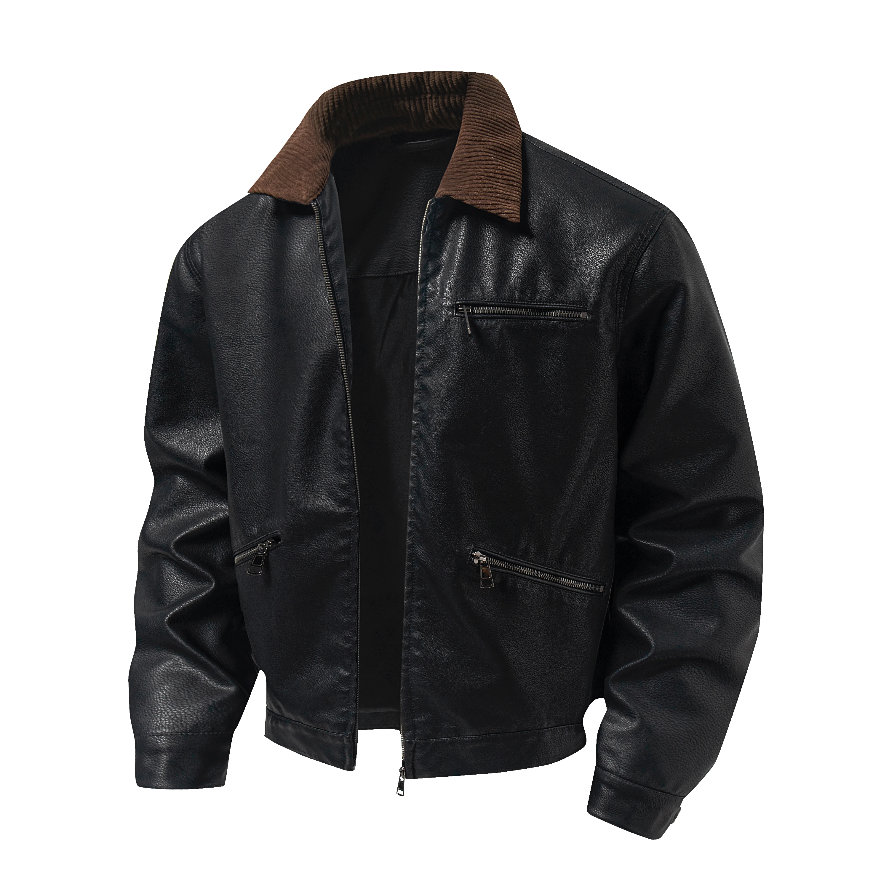 Vintage Men's PU Leather Coat Contrast Corduroy Turn‑down Collar Zip Up Multi Zipper Pockets Casual Daily Outer Jacket