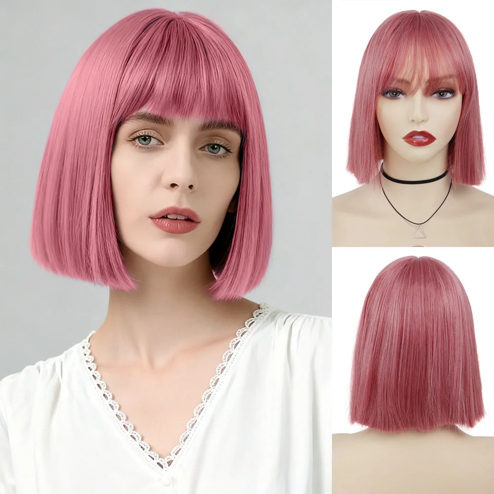 

Розовый парик длиной до подбородка для женщин Синтетический короткий прямой модный парик Боб с челкой для девочек Косплей Вечеринка Drag Queen Термостойкий
