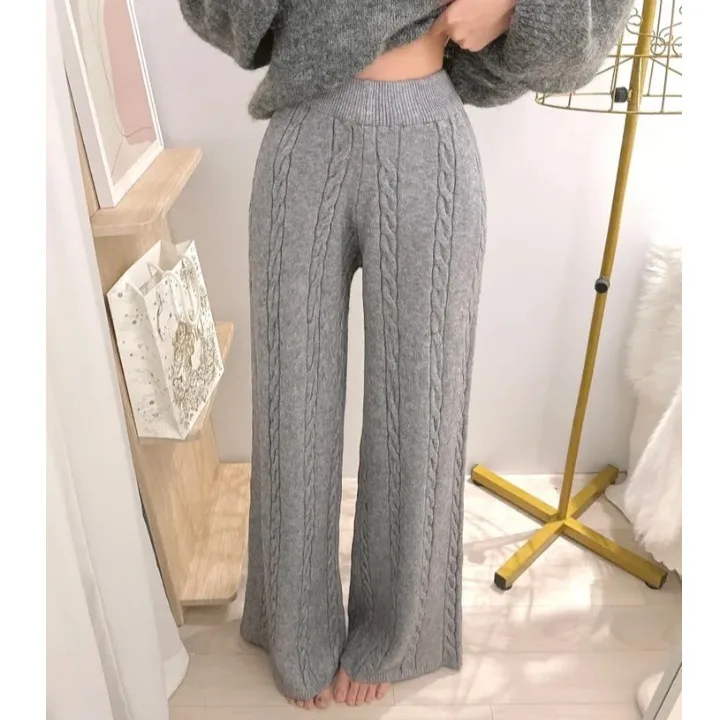 Thiened gebreide casual broek dames hoge taille rechte pijpen losse pasvorm herfst winter warme wijde pijpen lange broek