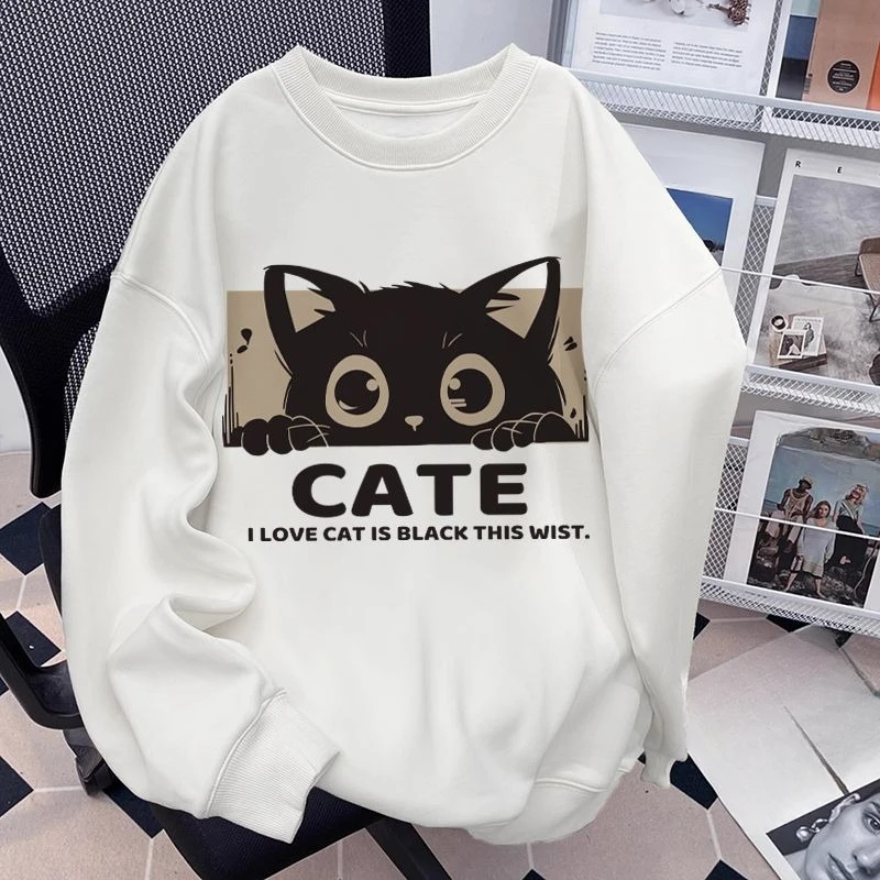 DAYIFUN Women's Solid Color Loose Hoodies Round Neck Casual Long Sleeves Pullover Cat Cartoon Printed Fall Women Clothing