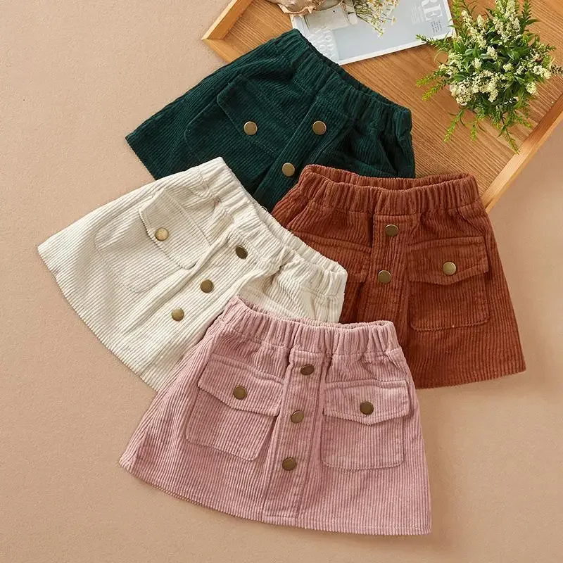 Girls Skirt Spring and Autumn 2024 New Girls Corduroy Korean Children Velvet Outer Wearing A-line Short Skirt