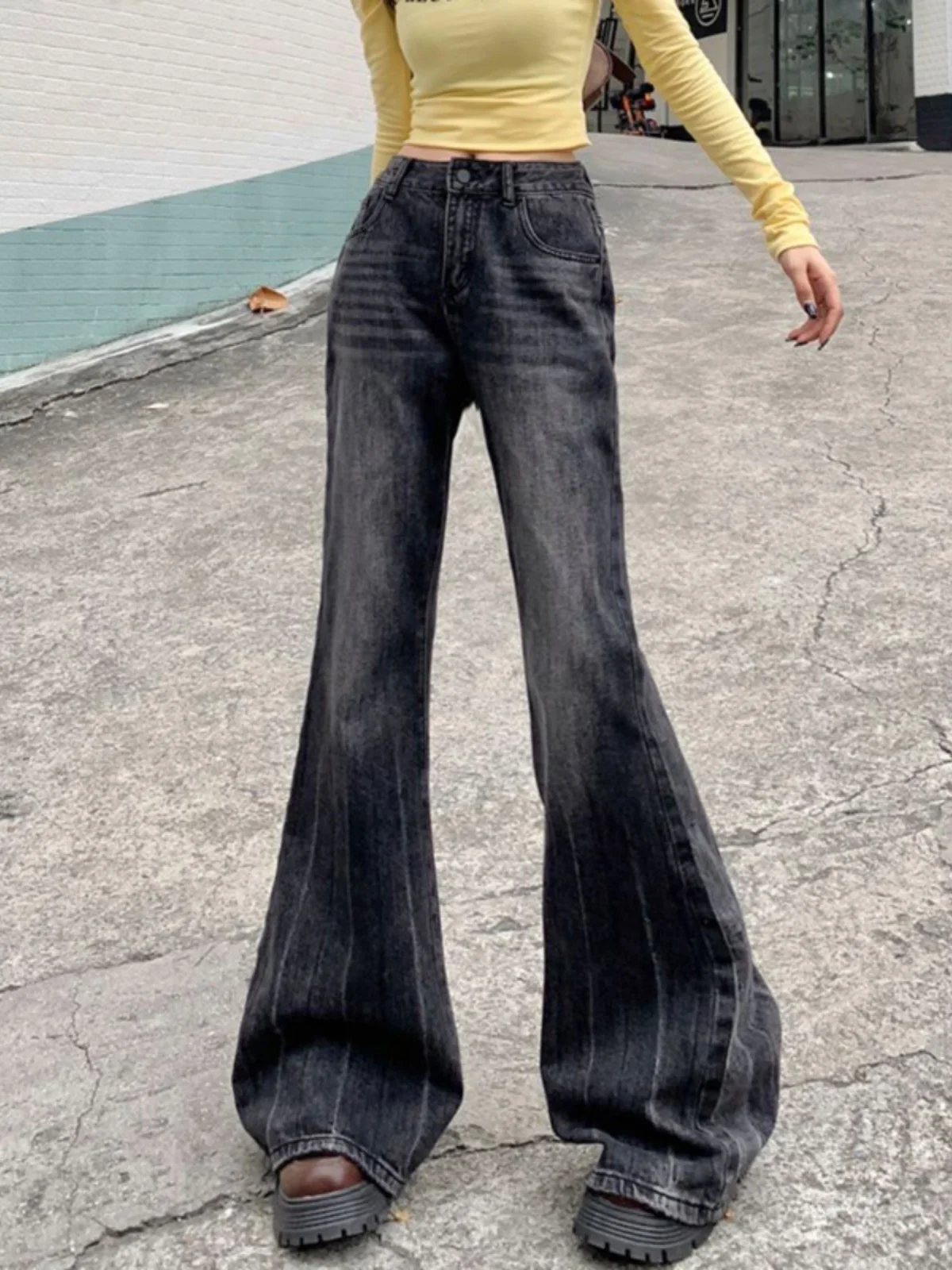 Harajuku Streetwear Retro Fashion Women High Waist Jeans Loose Black Line Wide Leg Straight Loose Denim Trousers Y2K Baggy Pants