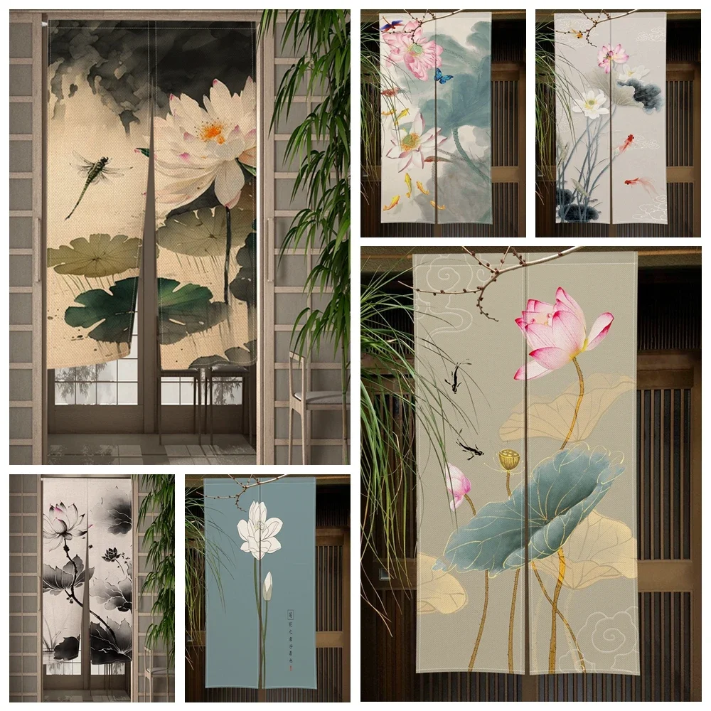 Japanese Noren Door Curtain Lotus Plum Blossom Chinese Traditional Painting Kitchen Bedroom Doorway Entrance Hanging Half-Curtai