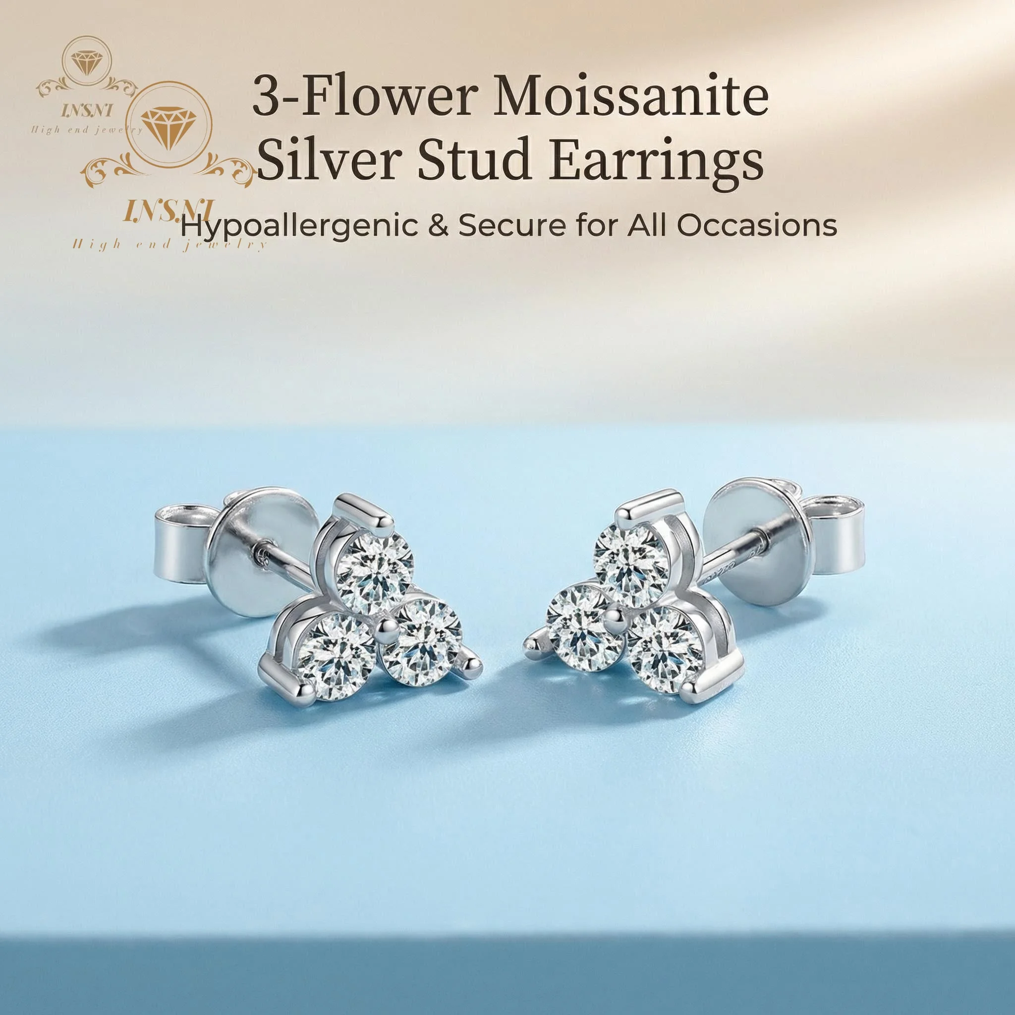 

Diamond inlaid moissanite three flower shaped silver earrings Elegant Trifoliate Design Certified Light Luxury Exquisite Gift