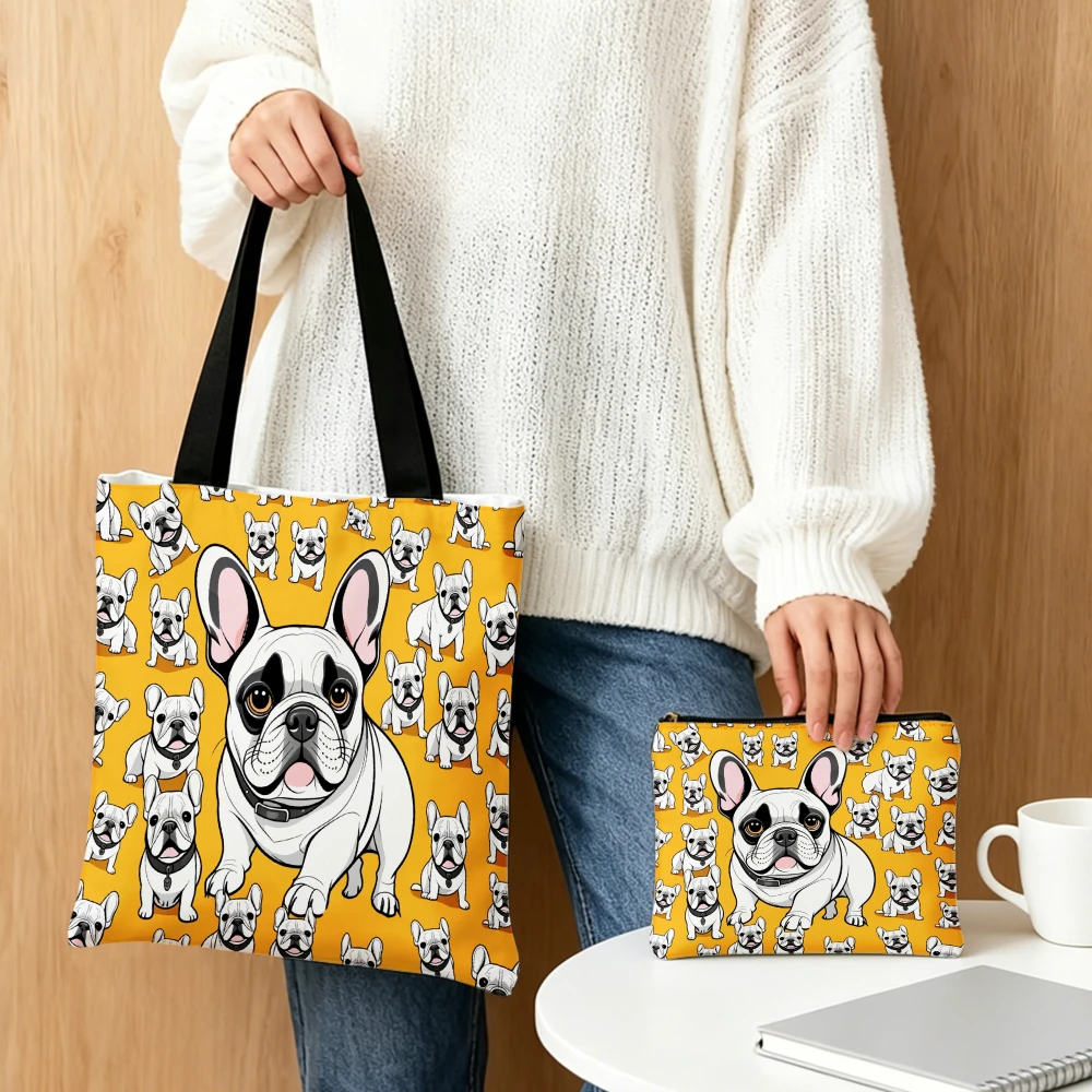 

French Bulldog Tote Bag Yellow French Bulldog Pattern Shoulder Bags And Cosmetic Bag Combination Pet Lover Storage Pouch