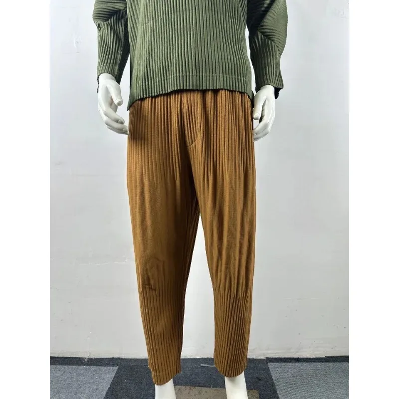 Miyake Pleated Men's Suit 2025 Fall New Hooded Loose Top + Slim Harlem Pants Business Casual Personality Pleats Men Clothing