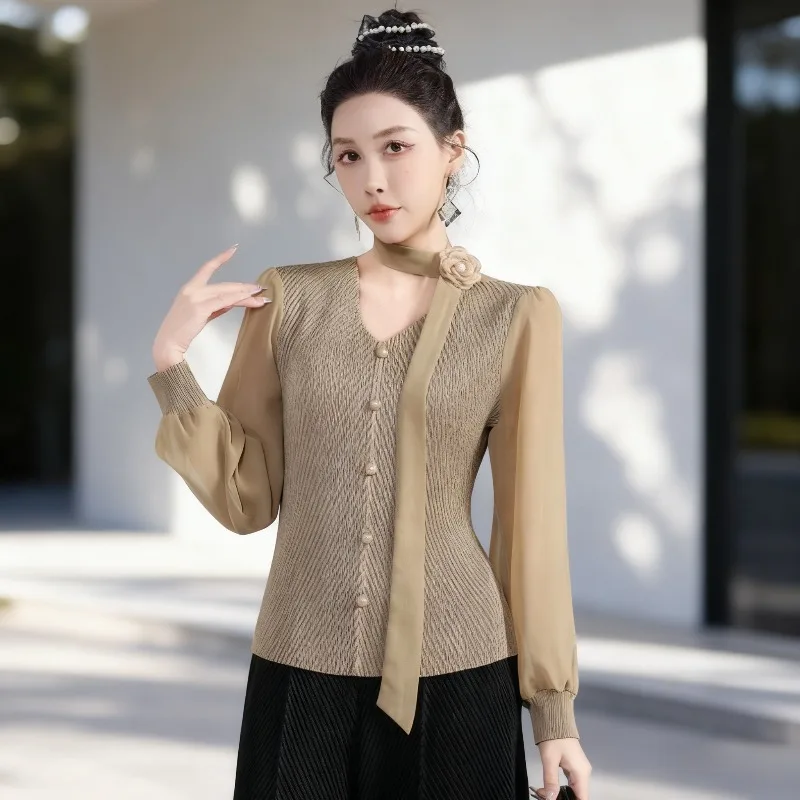 

Miyake 2026 New V-neck T-shirt Fashion Loose Thin with Long-sleeved Women's Top Temperament Thin Stretch Fold Bottoming Shirt