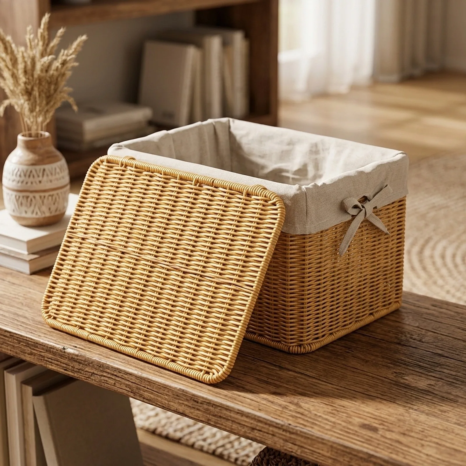 Handmade imitation rattan woven lidded basket crafted from PP for home storage and organization of books toys and clothes