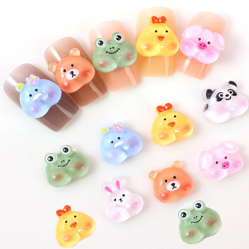 10 Stks/set Leuke Cartoon Dier Hars Nail Decoraties Pig Konijn Panda Eend Kikker Nail Rhinestones Diy Nail Art Sieraden Decoratie