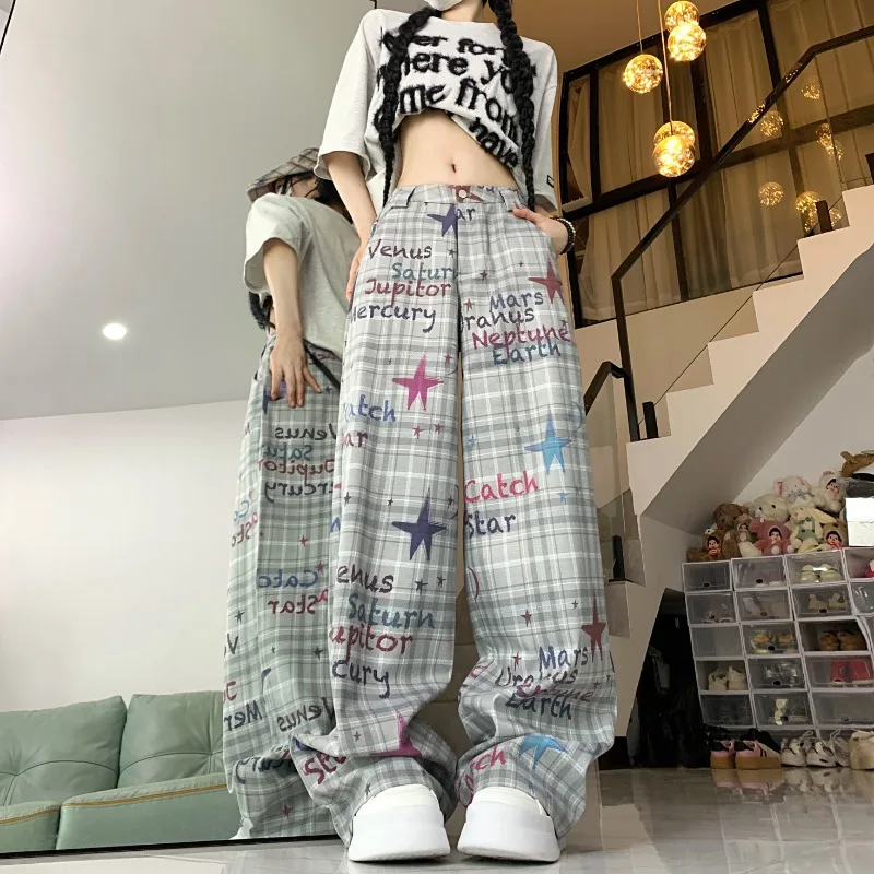 Spring New Casual Pants Women Letter Painted High-waisted Full Length Straight Thin Loose High Street Versatile Trousers Female