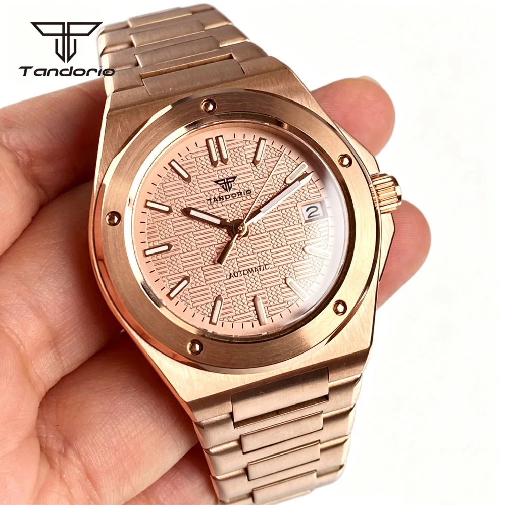 Tandorio Mechanical Automatic 40mm Rose Gold Men Watch Sapphire Crystal Textured Dial Date Japan NH35/Miyota 8215 or 2824 Movt