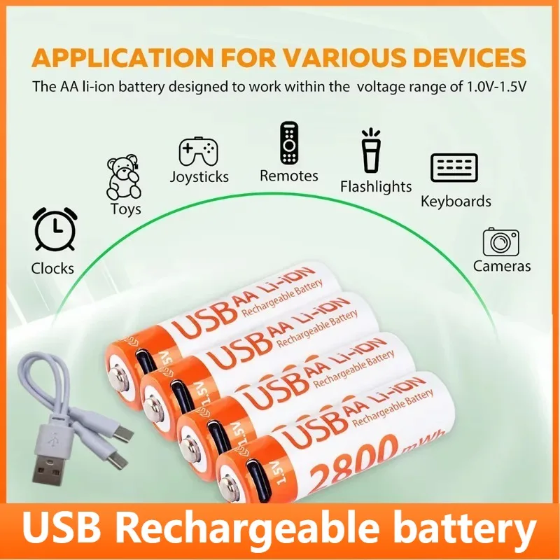

2-20PCS 1.5V 2800mWh AA Rechargeable Battery USB Type-C Rechargeable Aa Li-ion Battery for Remote Control Electric Toys Mouse