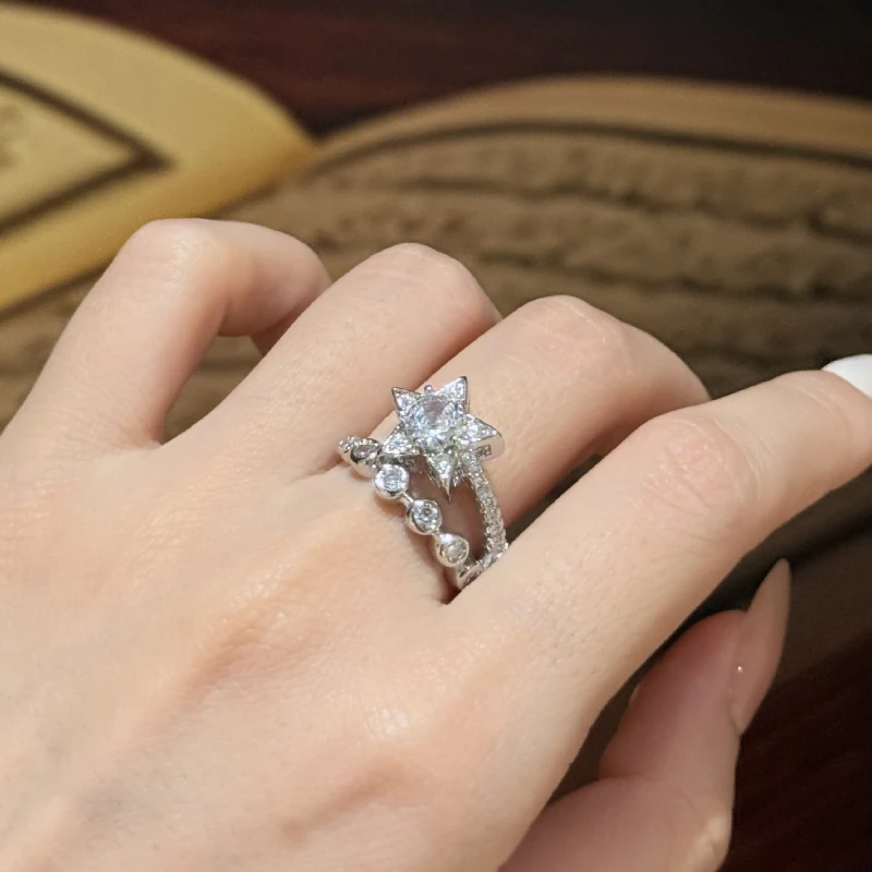 Creative inlay diamonds exquisite star ring double-layer circle light luxury high-end fashion ring adjustable wedding jewelry