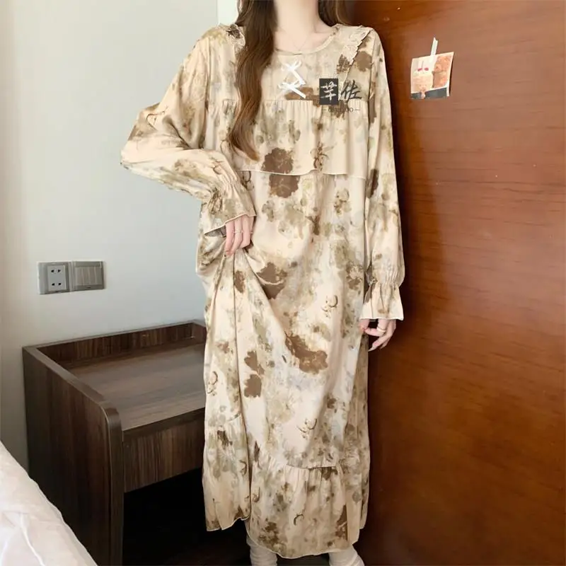 Summer Thin Cotton Silk Long Sleeve Dress Loose Home Clothes Sleepwear for Women Anti-Bulge Comfortable Breathable Gown