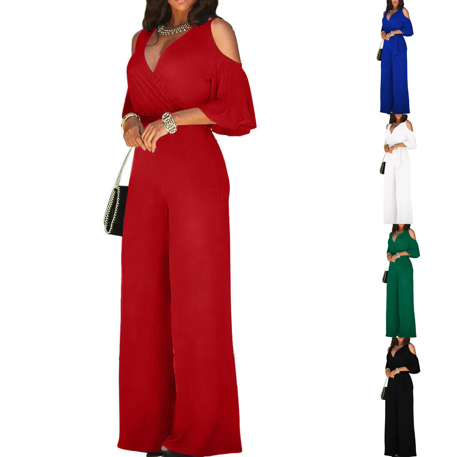 

Spring Autumn Women Jumpsuit Sexy Hollow Off Shoulder Romper V Neck Short Sleeve Solid Color High Waisted Belt Wide Leg Pants