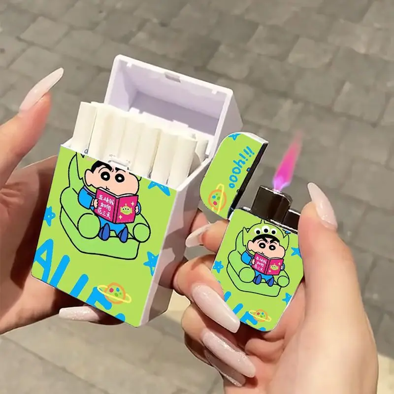 Cute Cartoon lighter cigarette box combination Windproof Pink flame Cigar Lighter Refillable Portable Fuel lighter Men Gift