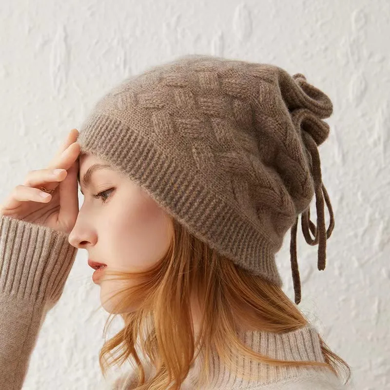 

Women's 100% Cashmere Beanie Knit Hat Versatile Autumn/Winter Slouchy Design with Drawstring 2 Ways to Wear 54-60cm