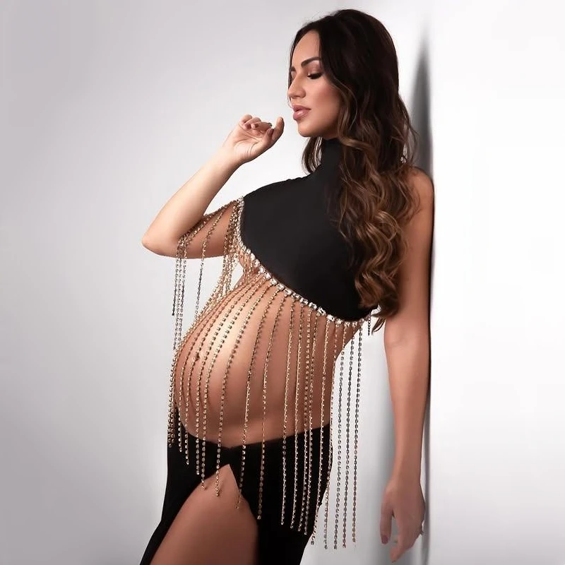 High Neck Rhinestone Chain Maternity Photography Tops Sexy Mama Tassel Chain Photo Shoot Top Shirts