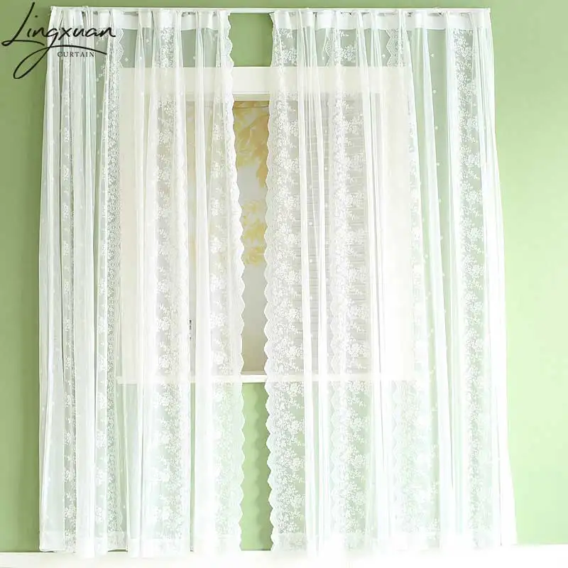 White Short Curtain Tulle Window Curtains For Bedroom Kitchen European Floral Lace Sheer Voile Drapes For Living Room Wedding