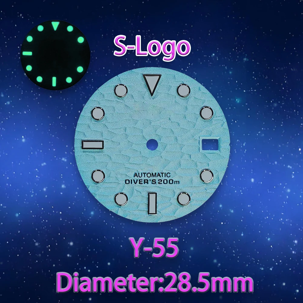 28.5 มม.คุณภาพสูง S โลโก้ 3D Ripples NH35 Dial เหมาะสําหรับ NH35/NH36 การเคลื่อนไหวสีเขียวส่องสว่าง NH35 อุปกรณ์เสริมสีเขียวส่องสว่าง ﻿