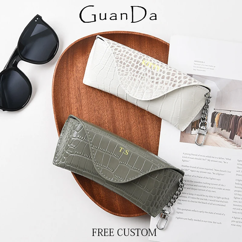 Luxury Real Leather Custom Initials Glasses Bag Fashion Lady Travel Sunglasses Bag Engrave Crocodile Leather Pattern Glass Box