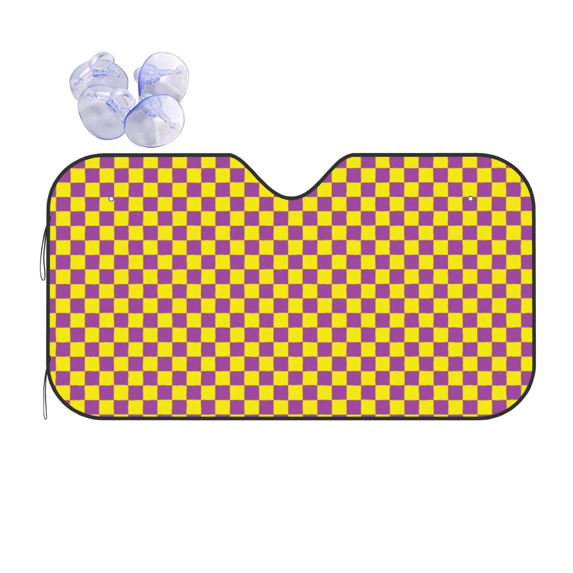 Checkered Purple Yellow Checkerboard Plaid Car Front Windshield Sun Visor UV Protection Car Sun Shade Aluminum Foil Car Sunshade