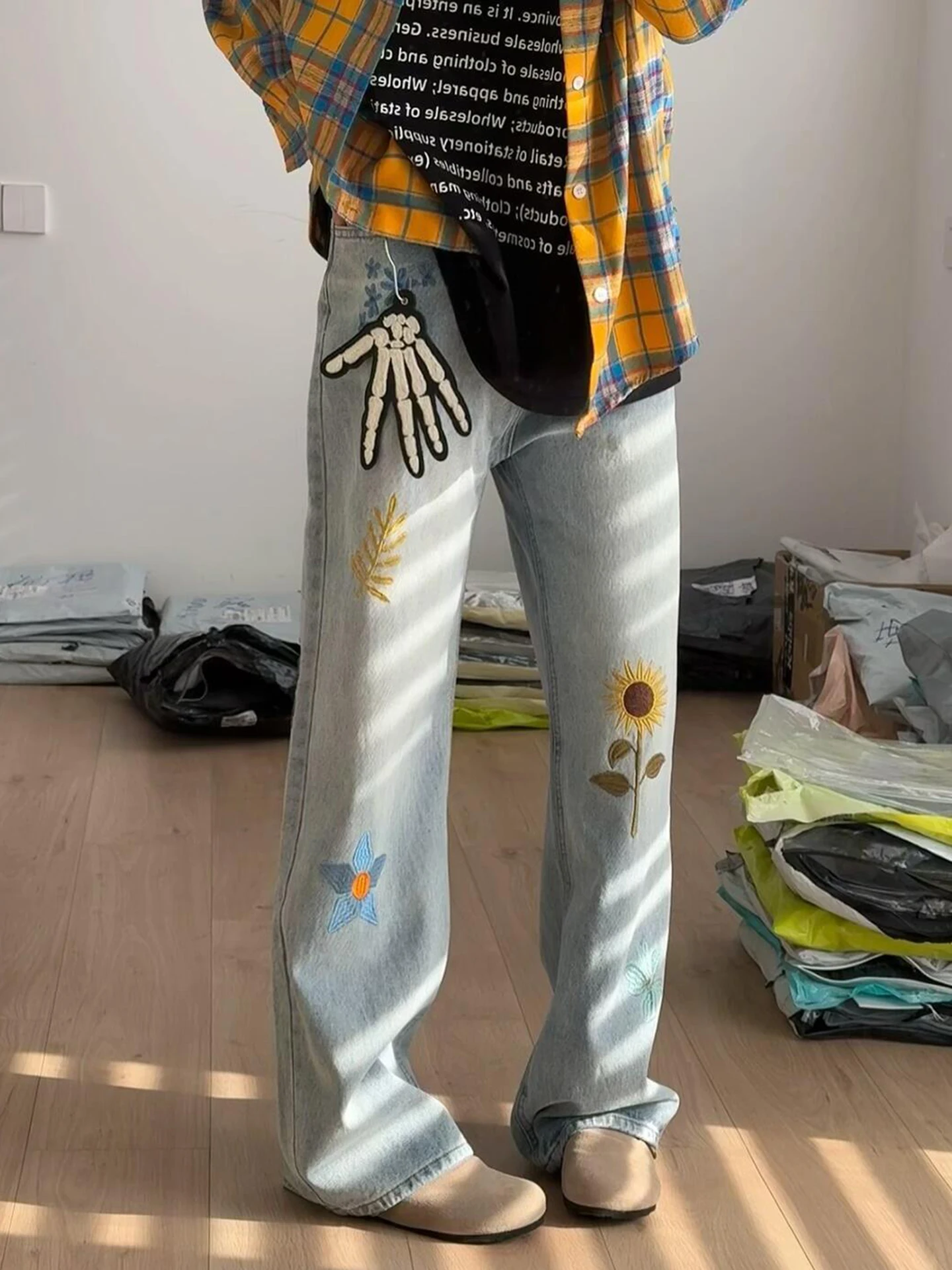 

Men's Floral Embroidery Wide Leg Jeans High Street Waed Straight Leg Long Trousers Knife Design Casual Wear