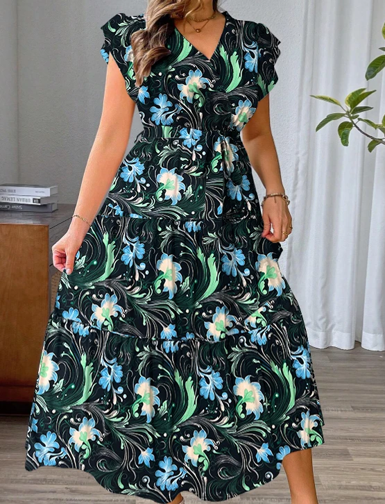 Vestido de verano con estampado para mujer, talla grande, cuello en V, estilo casual para vacaciones, ropa femenina, vestido largo