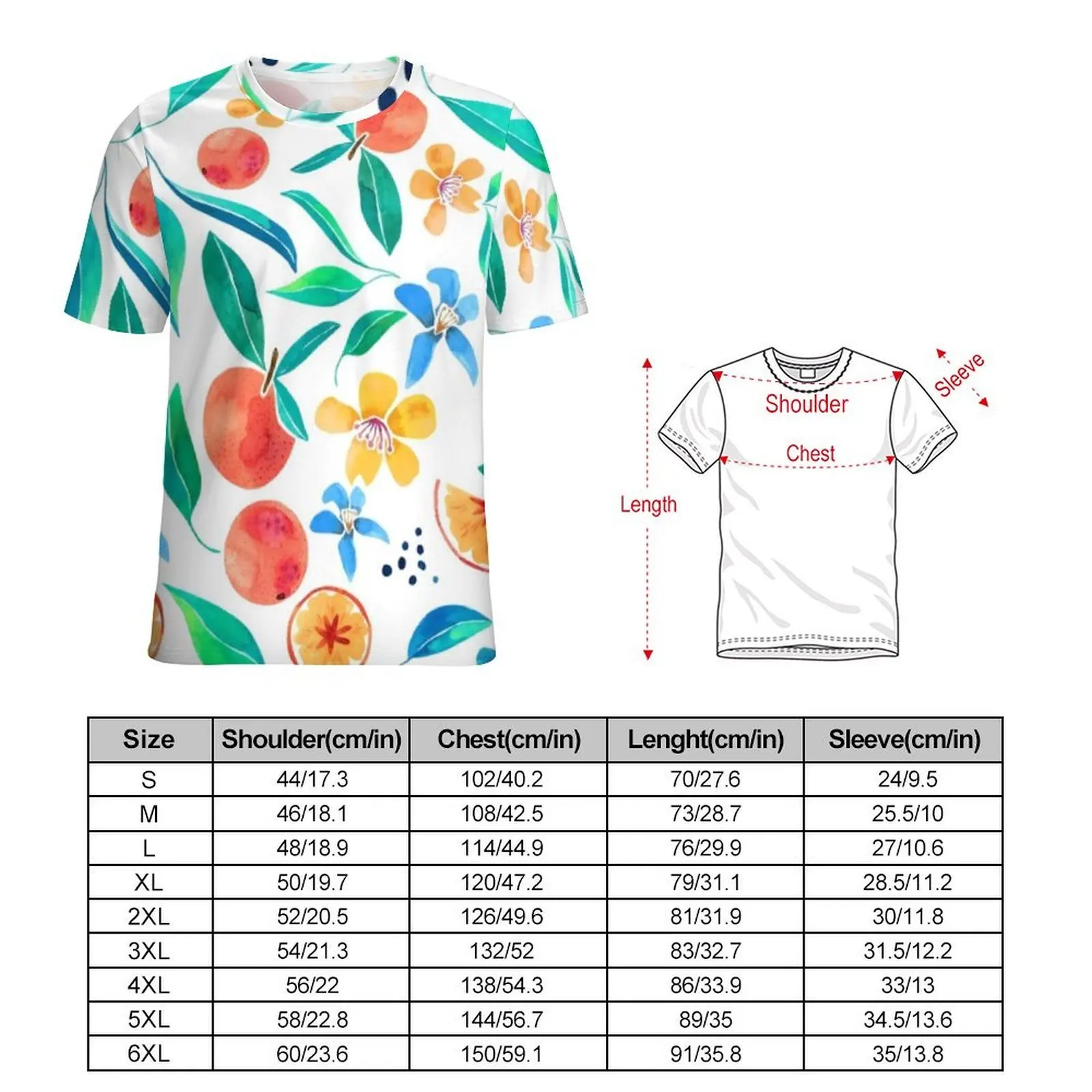 Mens Watercolor Oranges T-Shirt Leaves Flowers Print T-Shirts Short Sleeve Design Tshirt Summer Streetwear Plus Size Top Tees