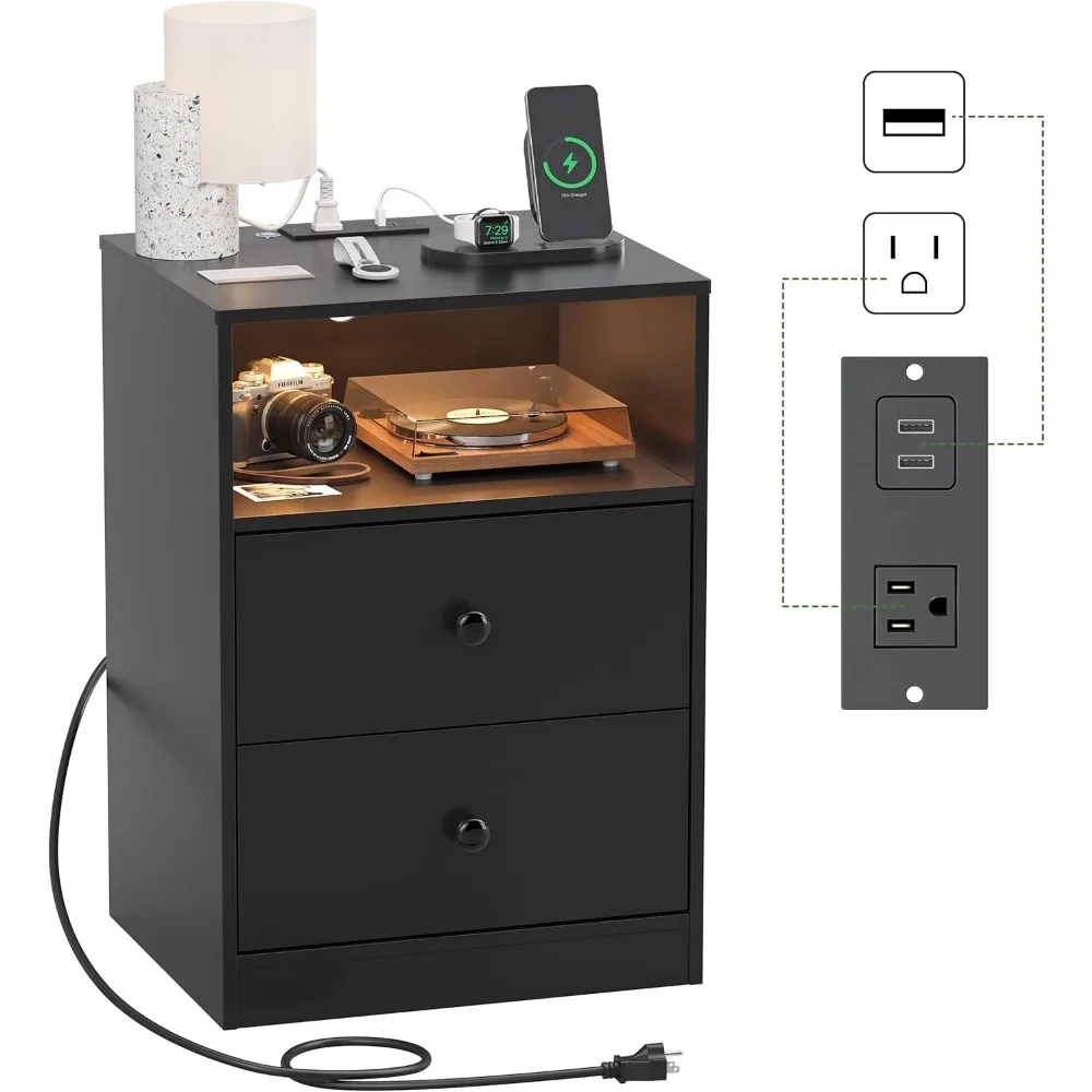 

Изысканная прикроватная тумбочка с зарядной станцией, черная светодиодная деревянная тумбочка, прикроватная тумбочка с 2 USB-портами и розетками, тумбочки с