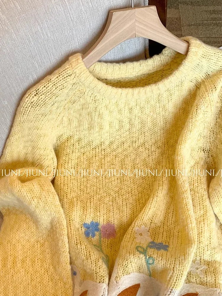 French Elegant Sweet Sweater O-Neck Oversized Funny Floral Duck Print  Knitted Pullover Yellow Casual Jumper 2023 Autumn Winter