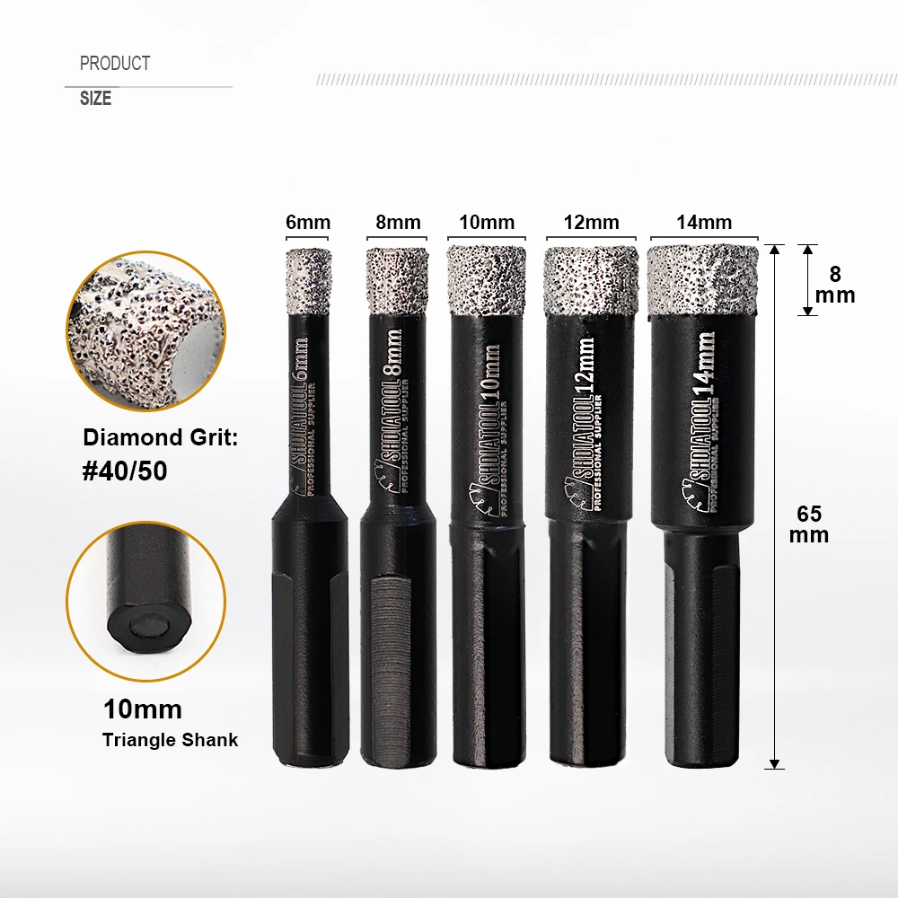 SHDIATOOL 5pcs/pk Diamond Hole Saw Cutter Triangular Shank Dry Drill Bits Ceramic Tile Drilling Core Bits Hole Saw Hole Opener