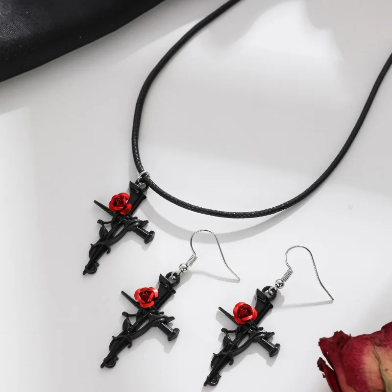 European and American Gothic Dark Retro Thorn Rose Nail Cross Necklace Earring Set Decoration Fairy Garden