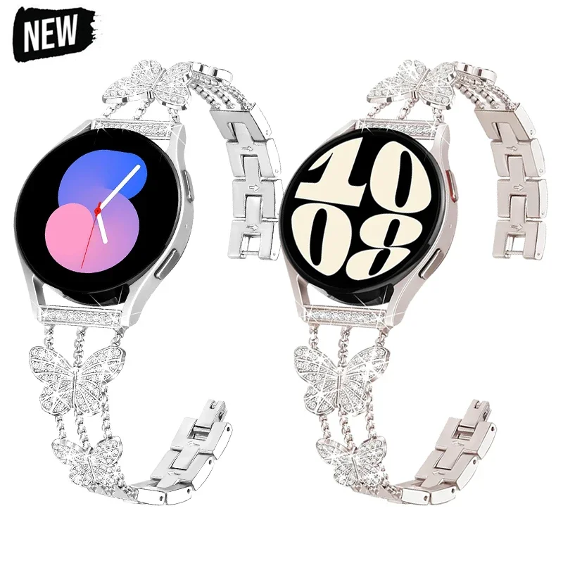 22mm Metal Butterfly Watch Strap For Samsung Galaxy Watch 3 45mm 46mm GearS3 Watchband Woman Fashion Rhinestone Bling Alloy Band