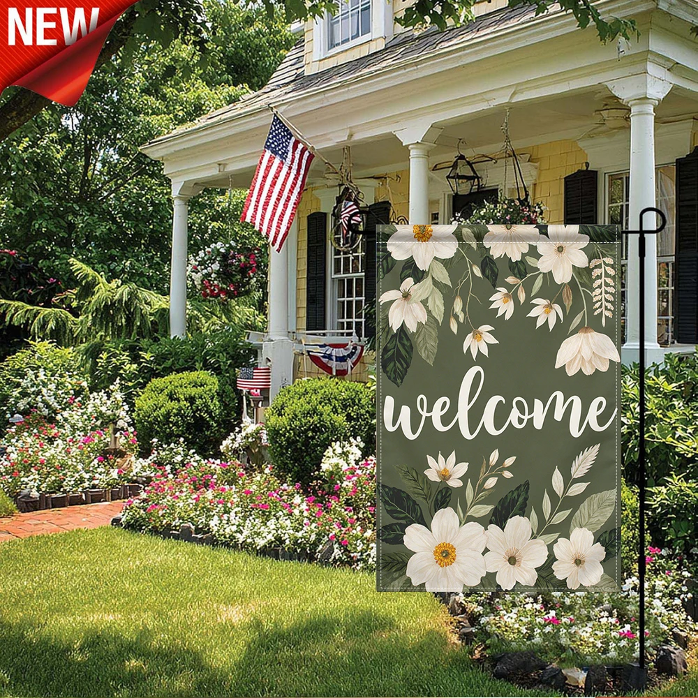 

1PC, Welcome Floral Garden Flag White Flower Print Outdoor Decorative Yard Flag For Patio Lawn Porch