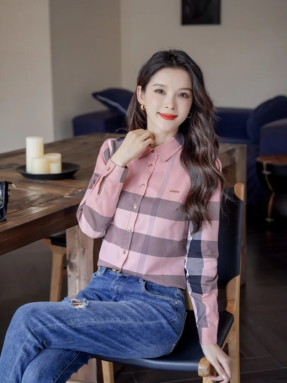 

Classic Pink Plaid Long Sve Women's irt Versatile Slimming Retro Design Spring 2024 New Sle Straight Cut Cotton Blend