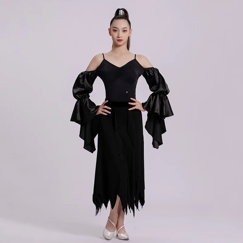 فستان رقص أسود قياسي قاعة الرقص الحديث أداء الملابس قبالة الكتف قاعة الرقص زي ارتداءها تنورة 2585