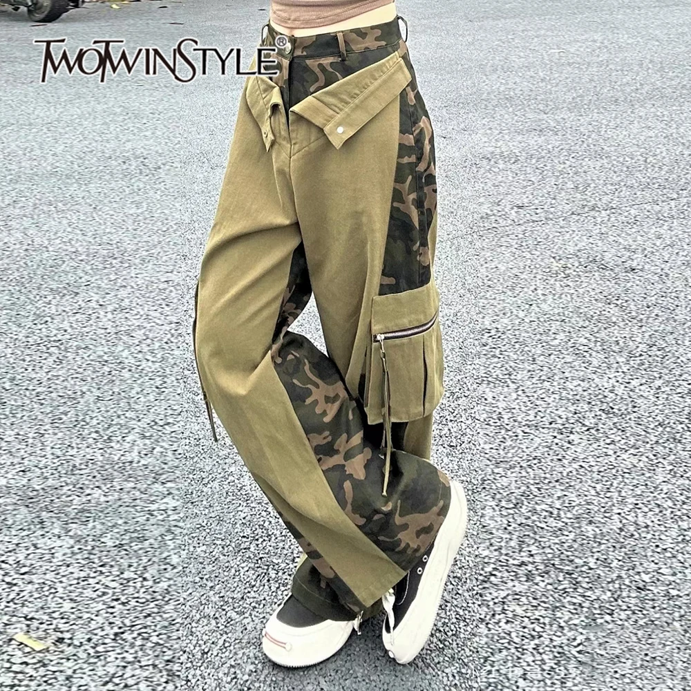 TWOTWINSTYLE Colorblock Casual Cargo Pants For Women High Waist Patchwork Pockets Loose Wide Leg Pant Female Fashion Style New