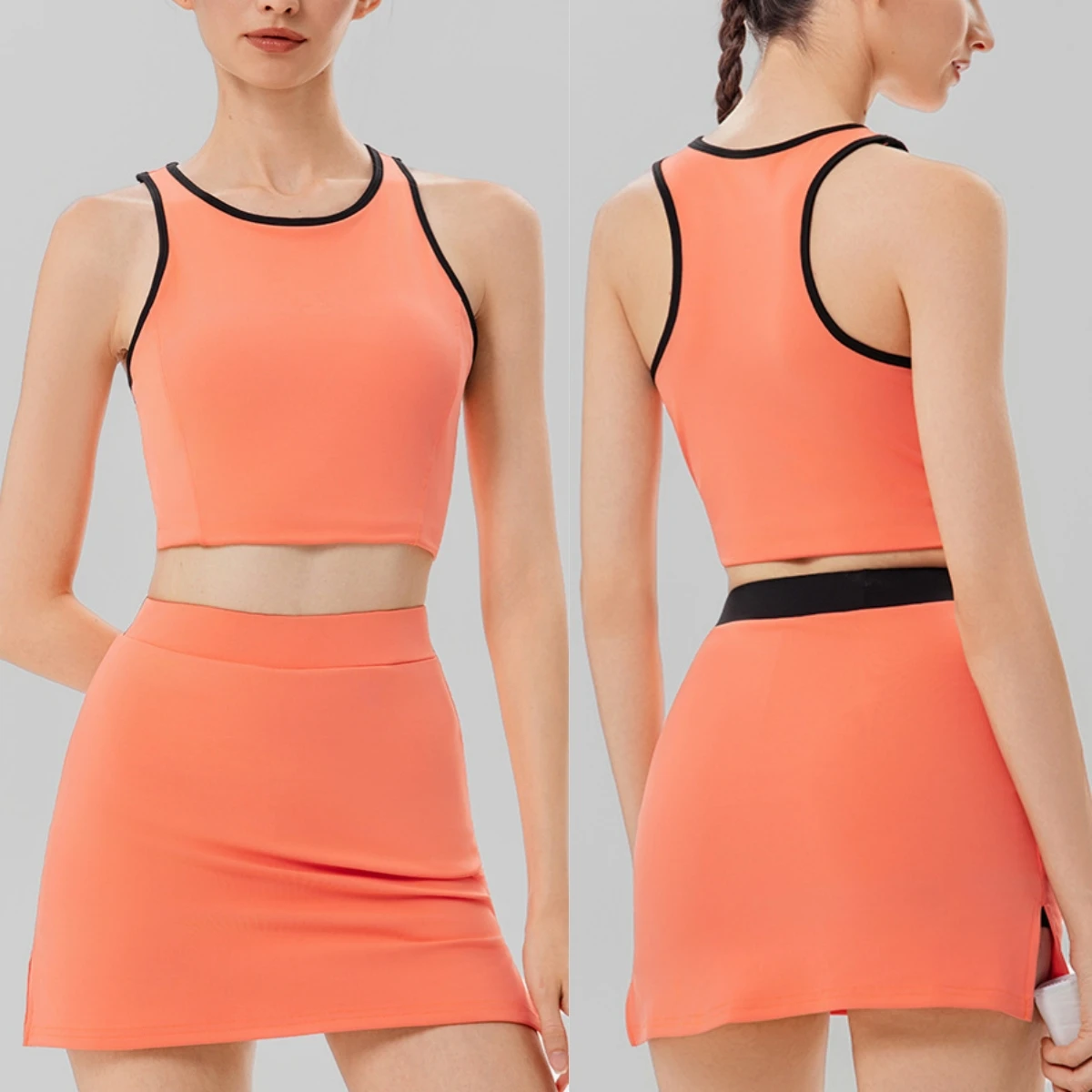 Women 2 Piece Tennis Outfit Contrast Racerback Crop Tank Top Split Skort Set Built-in Bra Athletic Golf Workout Sports Suit 2026