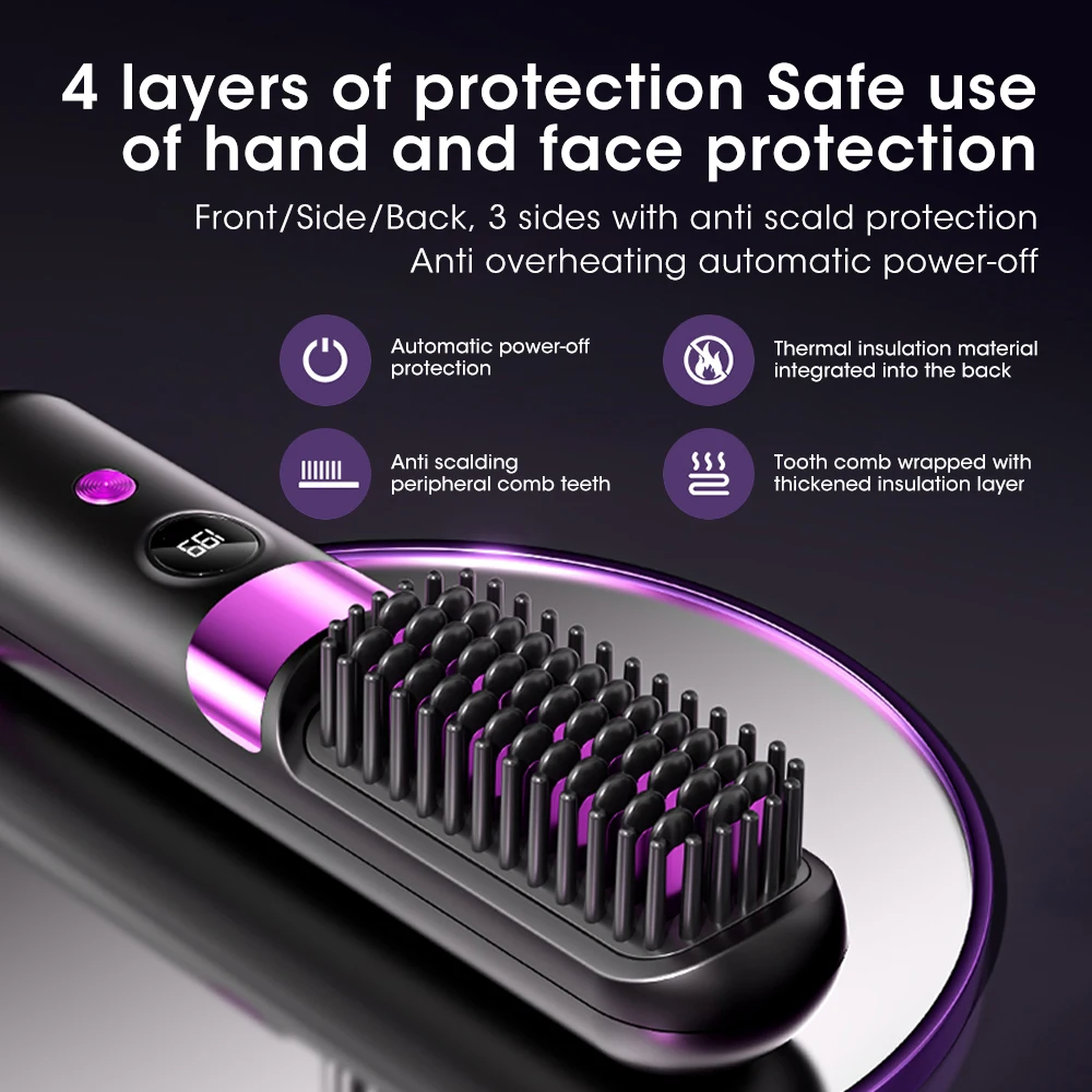 Portable Hair Straightener Brush 4 Temp Setting Cordless Straightening Comb LED Display Ceramic Coating Ionic Technology Styling view 6