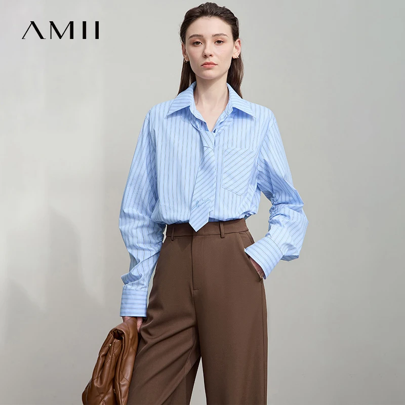 AMII 2025 Autumn Shirts Office Lady Long Sleeve Blue White Stripes Blouse Mid-length Loose Lapel Tops Women Clothing 12553021
