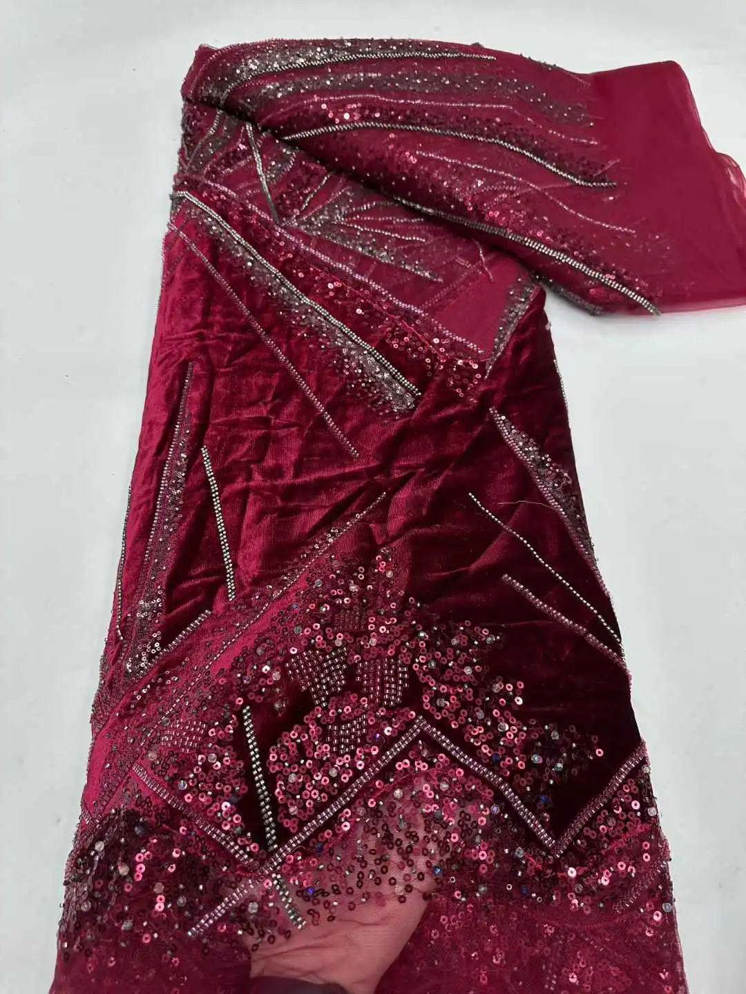 

Heavy Pearls Velvet Tulle Mesh Fabric French High Quality Beads Fabric Nigerian African Lace Fabric For Wedding Dress