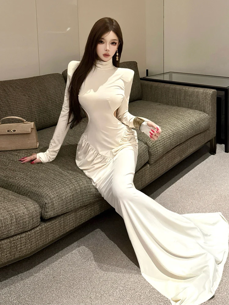 Vestido Vintage de sirena ceñido con pliegues y huecos para mujer, vestido largo hasta el suelo con Espalda descubierta, vestido elegante para fiesta y baile