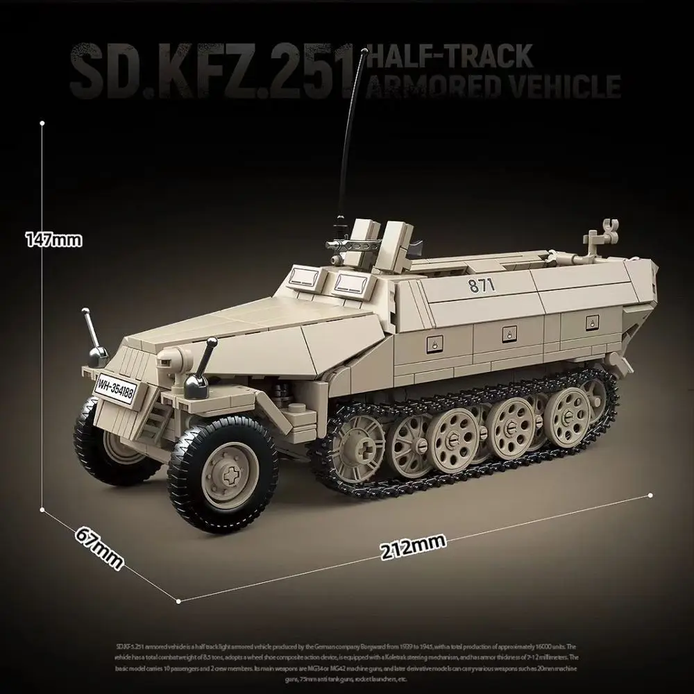 Full crown 100319 German-made Sd.Kfz.251 half-tracked armored vehicle tank children's intelligence assembly building toy