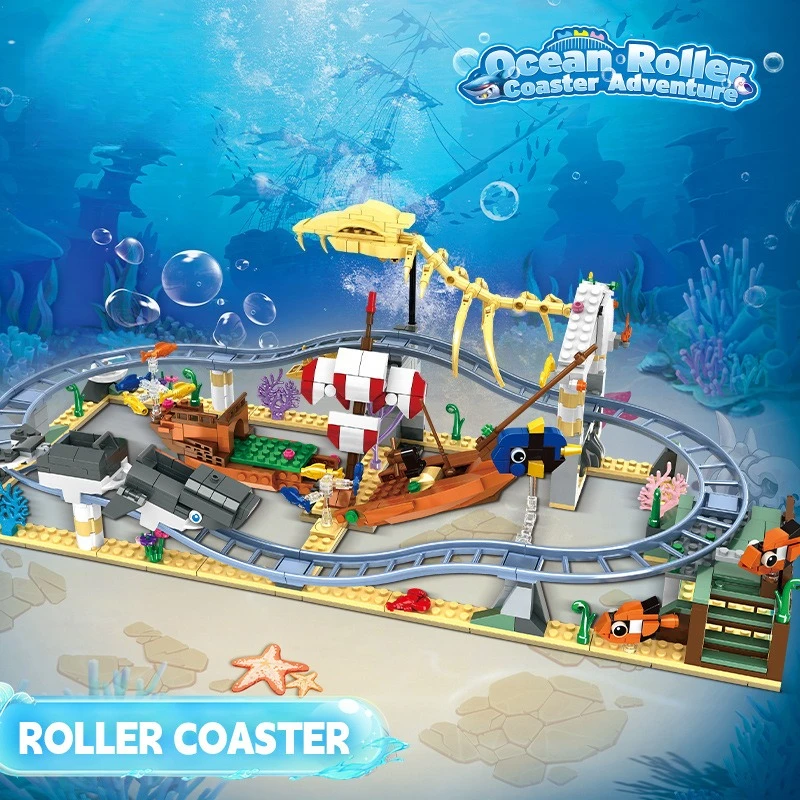 

Building block underwater ocean world shark dinosaur roller coaster track children's puzzle small particles assembly toy